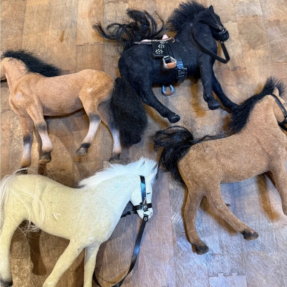 Vintage Flocked Horse Action Figures Set of 4- White, Black, Brown